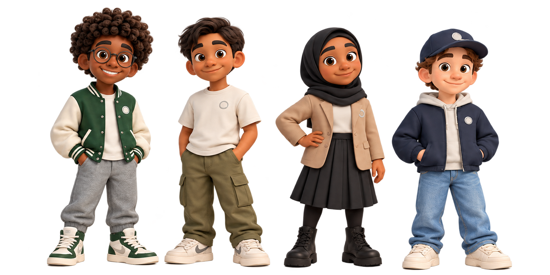 Four transparent character customization concepts: varsity, everyday, hijab and partner outfits